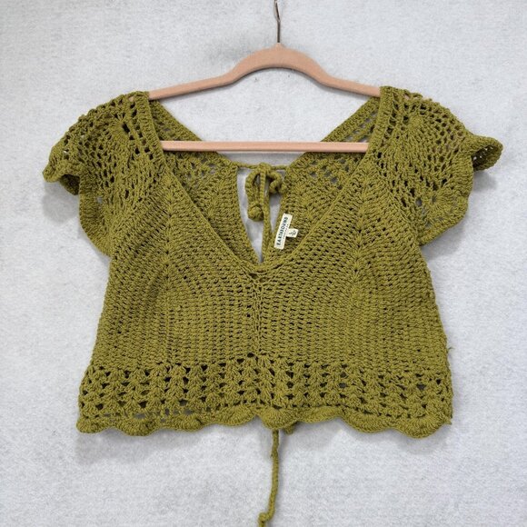 Earthbound Trading Co Blouse Womens Large Crochet Cropped Tie Back Boho Top - Picture 1 of 8